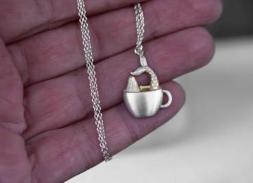 Mermaid in coffee cup necklace. Unique sterling silver pendant necklace